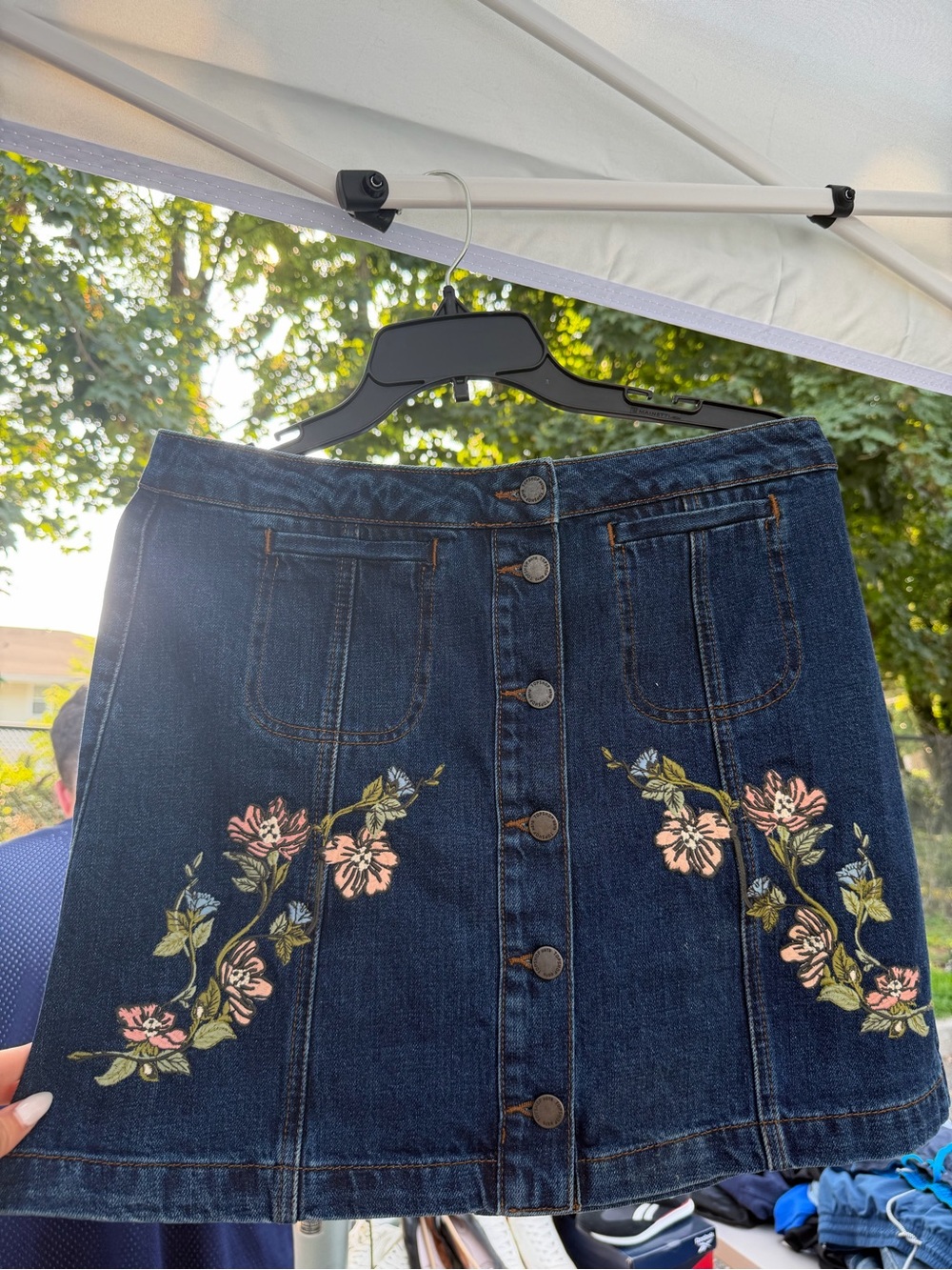 Topshop Dark Blue Denim A-Line Skirt with Pink Floral Embroidery